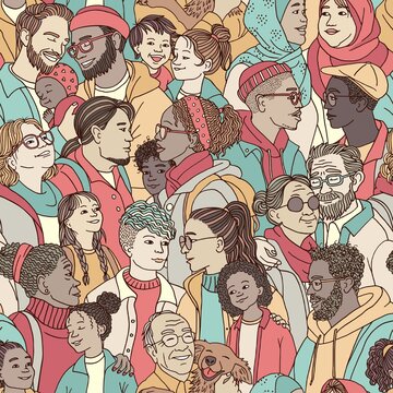 Seamless pattern of diverse people in a group, talking to each other