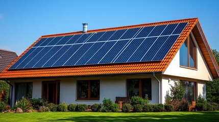 Fototapeta premium Modern house with solar panels on the roof.