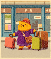 cute bear on vacation, struggling with luggage at the train station