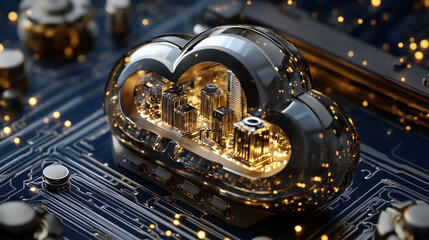 Fototapeta premium Metallic Cloud Computing Concept with Cityscape on Circuit Board
