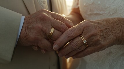 Hands with wedding rings tenderly clasp, capturing enduring love and commitment shared in a golden moment of togetherness.