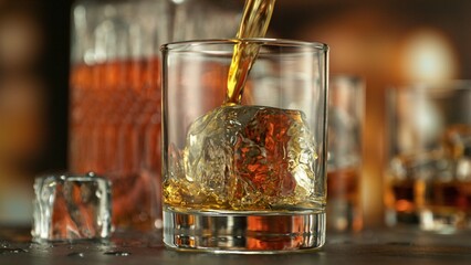 Pouring whiskey into glass full of ice cubes.