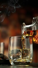Pouring whiskey into glass full of ice cubes.