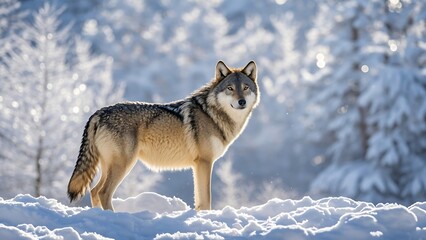 Obraz premium A wolf standing in the snow - A lifelike image of a wolf in a snowy landscape, with its fur detailed against the wintry backdrop, its breath visible in the cold air as it surveys the surroundings.
