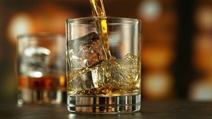 Pouring whiskey into glass full of ice cubes.