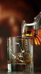 Pouring whiskey into glass full of ice cubes.