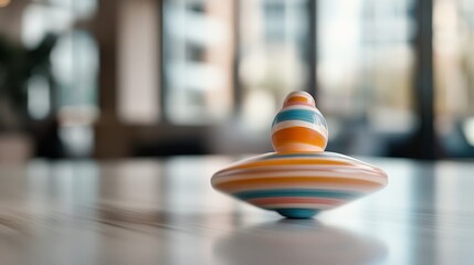 Fototapeta premium A vibrant, multicolored spinning top rests on a smooth table with a blurred background of a bright interior space.