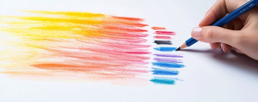A hand holding a colored pencil creates a vibrant gradient and swatches of color on white paper, showcasing artistic expression and creativity.