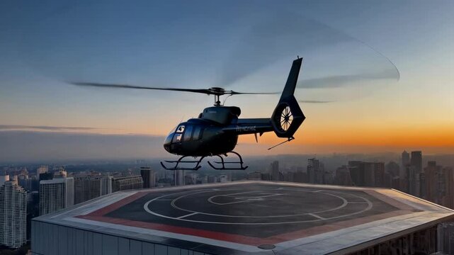 A helicopter gracefully approaches a rooftop helipad as the sun sets over the city skyline.