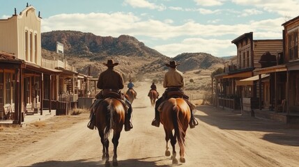 cowboys on horseback in a cowboy town