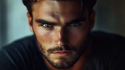 Obraz premium An intense gaze from a bearded man with piercing eyes captures a dramatic and enigmatic moment, blending shadows and light in artistic portraiture.
