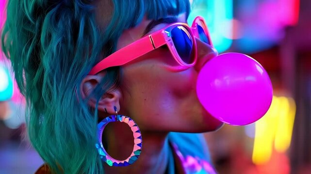 Trendy urban nightlife: woman with neon sunglasses blowing bubblegum