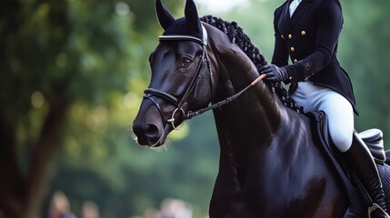 Obraz premium A poised rider in formal attire expertly guides a sleek, black horse, embodying elegance and discipline against a lush green backdrop.