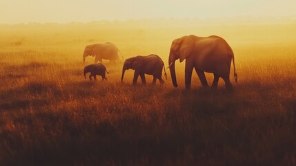 In the golden glow of sunrise, a family of elephants wanders through an open savannah, evoking a sense of majesty and serene adventure.