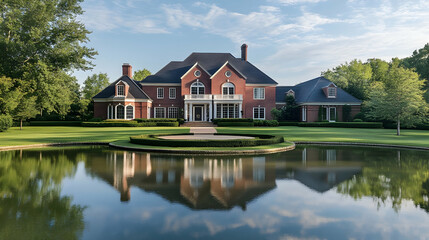 Obraz premium Georgian lakefront manor on Lake Michigan with formal gardens and private harbor, classic brick estate in Harbor Country