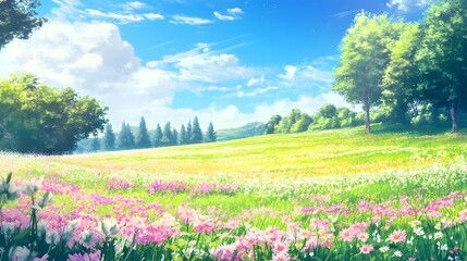 Gorgeous hand-drawn illustration depicting scenic mountains and farmlands, enriched with intricate details and an anime-inspired touch.