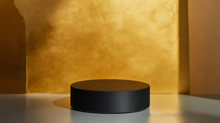 blank gray base to display products on gold color wall