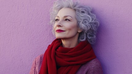 A confident older woman with silver curls and a bold red scarf leans against a lavender wall, exuding a sense of wisdom and vivacity.