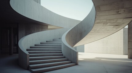 A dramatic concrete spiral staircase bathes in natural light, melding architectural symmetry and elegance in an open, airy space.