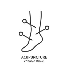 Acupuncture line icon. Leg with acupuncture needles. Vector illustration. Editable stroke.