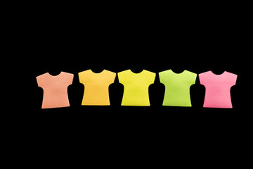 Five blank sticky note pads in the shape of T-shirts, arranged in a row with colors in salmon,...