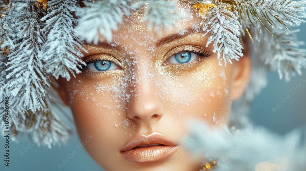 Poster a close-up portrait of a woman with blue eyes and a light complexion. her face is partially obscured