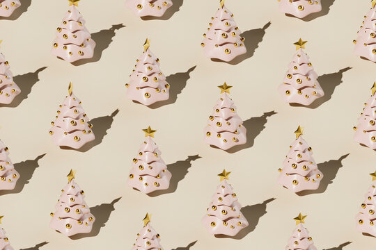 Pattern of Pink Christmas Trees with Gold Decorations