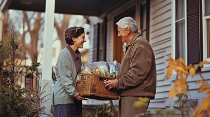 A cheerful exchange of a basket between neighbors in front of a home, capturing a moment of community, kindness, and connection.
