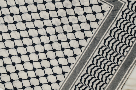 close up of black and white pattern on Keffiyeh, Kaffiyeh, Kuffiyeh, Shemagh scarf	