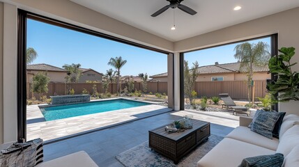 Fototapeta premium Modern living room with sliding glass doors leading to a backyard pool.