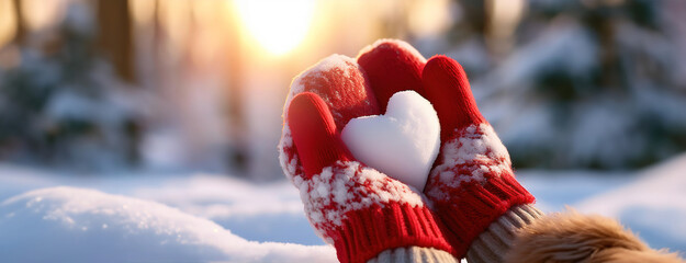 Hands in red gloves holding a heart shaped snow figure during a winter sunrise in a snowy forest.