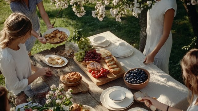Sun-dappled outdoor gathering with friends around a rustic table laden with fresh fruits, flowers, and pastries, capturing a moment of shared joy and nature.