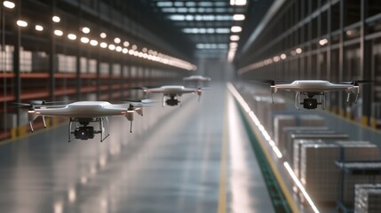 A fleet of drones hovers steadily in a vast, well-lit warehouse, indicating advanced automation and future technology.