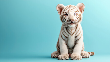 Young white tiger cub with blue eyes sitting against a plain turquoise background
