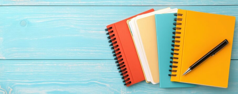 A colorful collection of spiral notebooks laid on a wooden surface, accompanied by a black pen, perfect for writing and organizing.