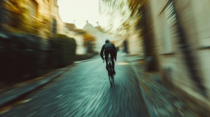 A cyclist speeds down a cobblestone street, blurred motion captures the thrill and energy of this rapid urban journey.