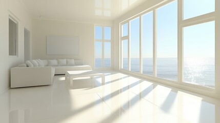 Obraz premium Modern minimalist living room with panoramic ocean view and large windows.