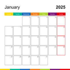 January 2025 colorful wall calendar, week starts on Monday.