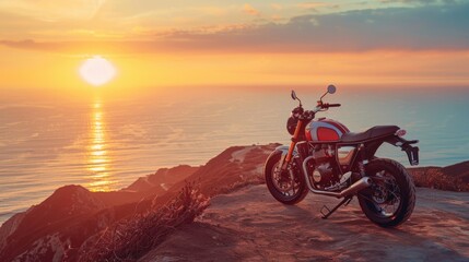 Obraz premium A superbike parked on a cliff edge, overlooking a vast ocean at sunset