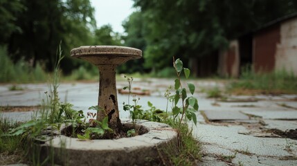 An abandoned stone pedestal surrounded by weeds in a forgotten park, evoking a sense of mystery and time's passage.