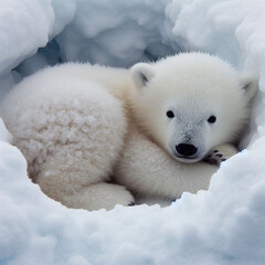"Baby Polar Bear Snuggling on a Patch of Snow