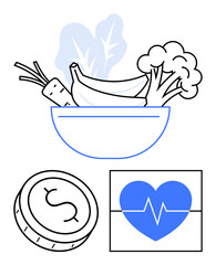 Bowl of vegetables and fruits including broccoli, carrot, and bananas. Dollar coin and heart rate monitor symbols. Ideal for nutrition, health, financial wellness, savings, diet plans healthcare