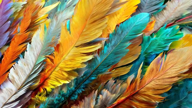 Close-up of variously colored feathers with yellow, blue, and green tones overlapping and creating a vibrant texture, capturing detail and rich hues