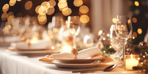 Mesa de restaurante de lujo con copas y platos dorados.Mesa decorada para celebración de navidad y año nuevo. Luz suave y ambiente romántico.