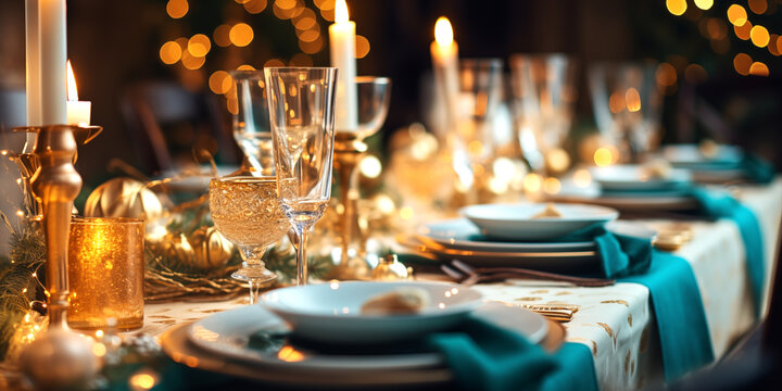 Vajilla de lujo y decoraci&oacute;n para cena de noche vieja.Mesa decorada para celebraci&oacute;n de navidad y a&ntilde;o nuevo. Luz suave y ambiente rom&aacute;ntico.