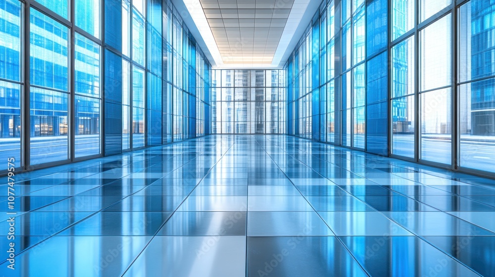 Wall mural Modern office hallway with glass windows and tiled floor.