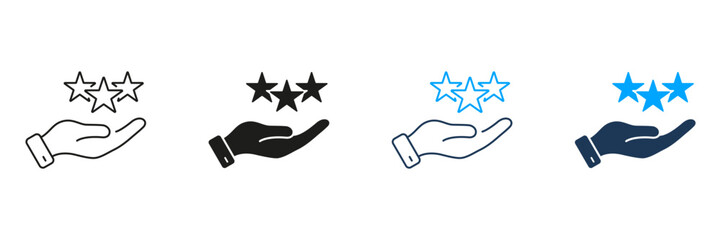 Hand Holds Stars Line and Silhouette Icon Set. Best Feedback Concept. Positive Review, Good Quality Service Symbol. Client Experience. Editable Stroke. Isolated Vector Illustration