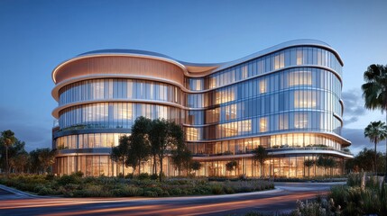 Obraz premium Modern office building with glass and wood facade, illuminated at night.
