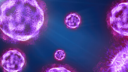 A vibrant depiction of glowing purple spheres, resembling microscopic particles or cells, floating in a deep blue space illuminated by soft rays of light