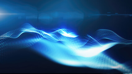 A mesmerizing display of blue glowing particle waves, representing abstract energy flows against a dark background